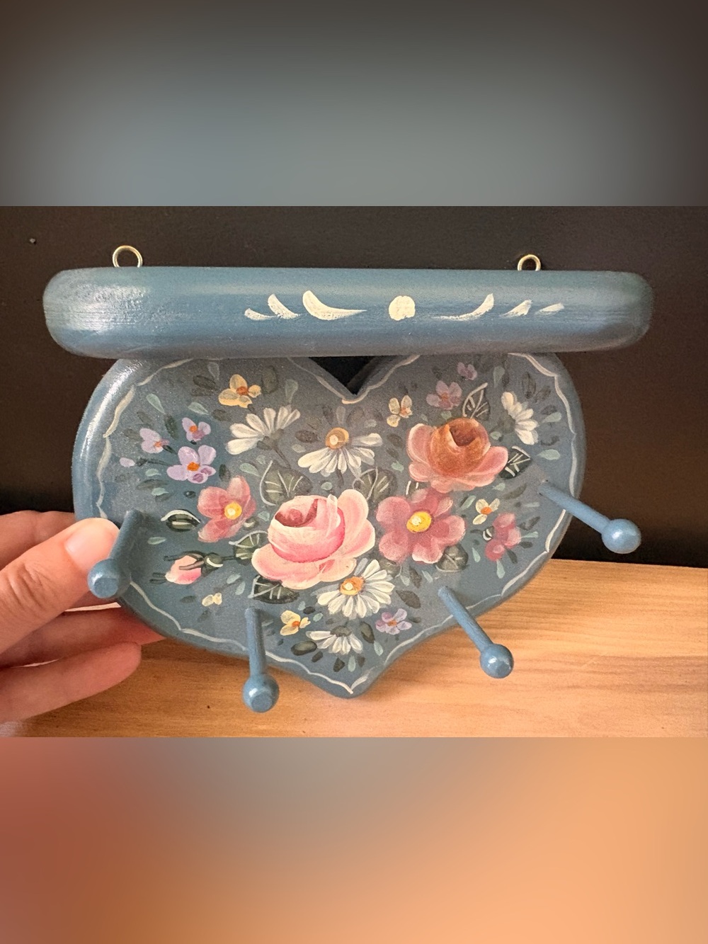 Hand-Painted Floral Wall Hook Rack/Shelf  in Blue with Pink Roses